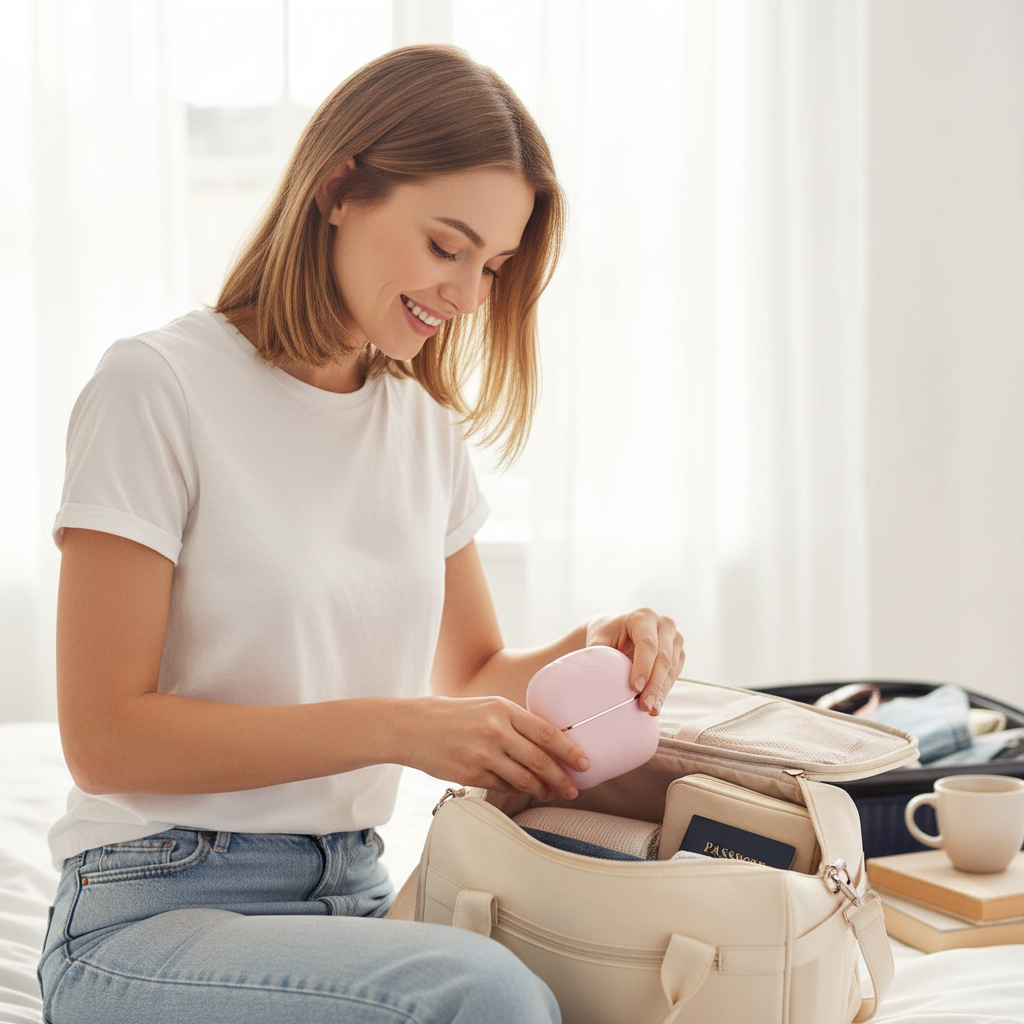 Woman packing pink cordless hair straightener in travel bag